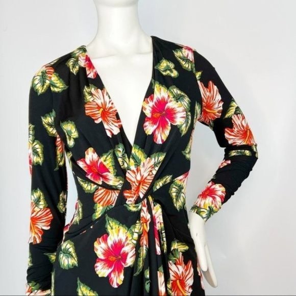 LE SUPERBE V Neck Floral Long Sleeve BODY CON Sexy Mini Dress - Picture 9 of 16
